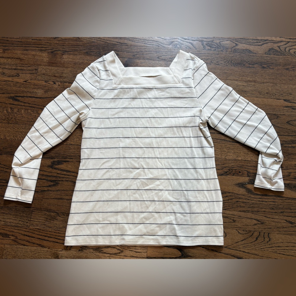 Old Navy Cream and Black Striped Square Neck Long Sleeve Tee